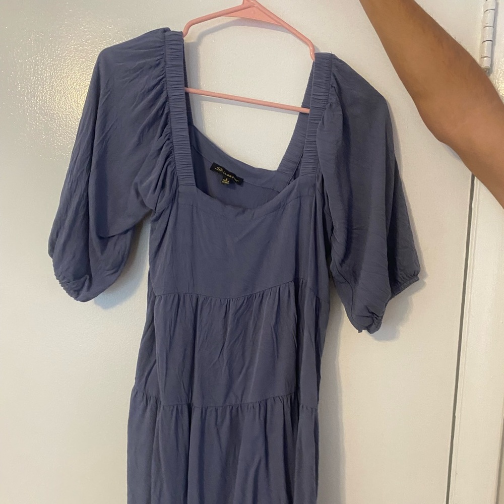 small puff sleeve blue dress